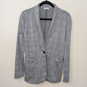 Les Amis One-Button Plaid Blazer Black Gray Houndstooth Stretchy Women's Size L